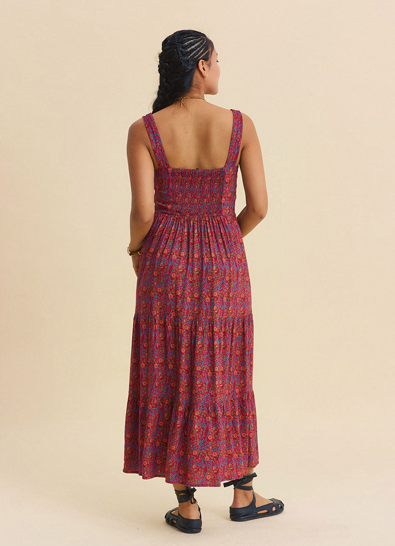 Wide Collar Front Tie Red Floral Dress 4824