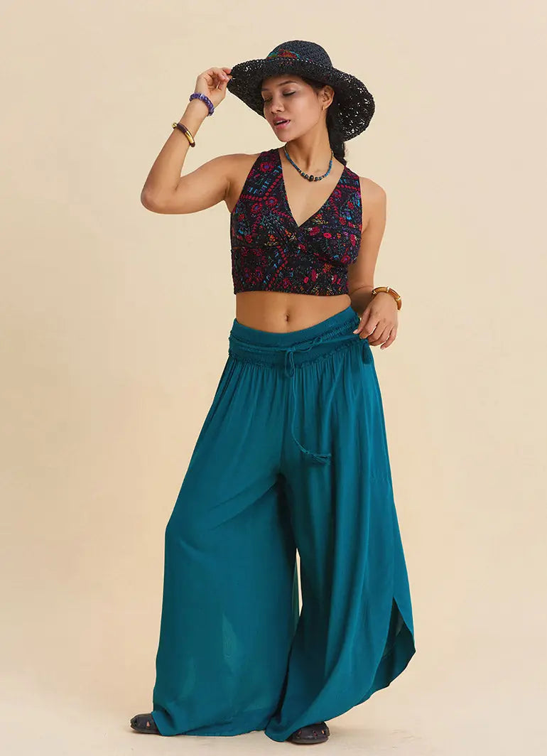 Teal Womens Viscose Trousers with Lace-Up Detail and Side Slit