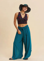 Teal Womens Viscose Trousers with Lace-Up Detail and Side Slit