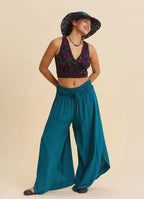 Teal Womens Viscose Trousers with Lace-Up Detail and Side Slit