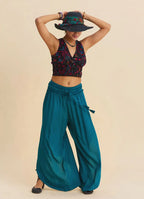 Teal Womens Viscose Trousers with Lace-Up Detail and Side Slit