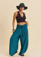 Teal Womens Viscose Trousers with Lace-Up Detail and Side Slit