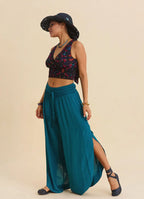 Teal Womens Viscose Trousers with Lace-Up Detail and Side Slit