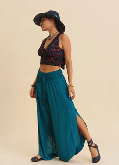 Teal Womens Viscose Trousers with Lace-Up Detail and Side Slit