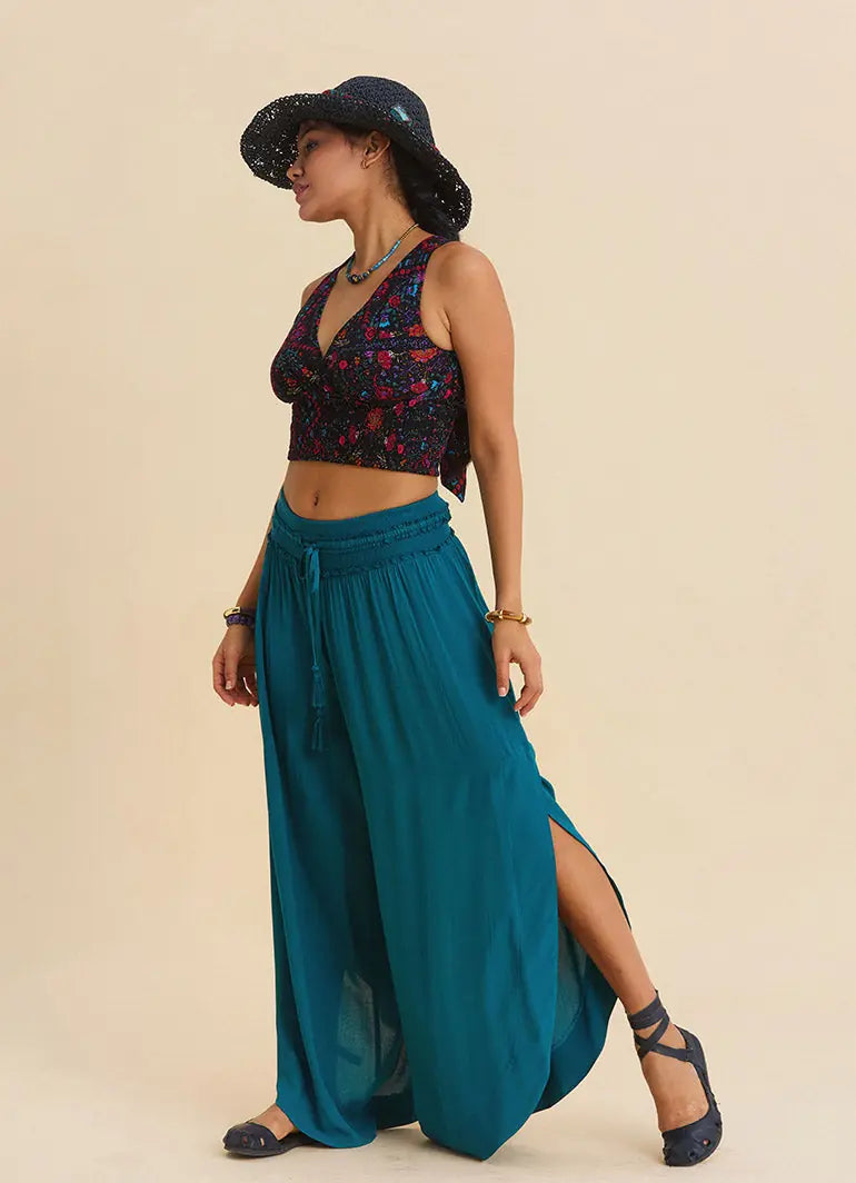Teal Womens Viscose Trousers with Lace-Up Detail and Side Slit