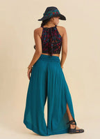 Teal Womens Viscose Trousers with Lace-Up Detail and Side Slit