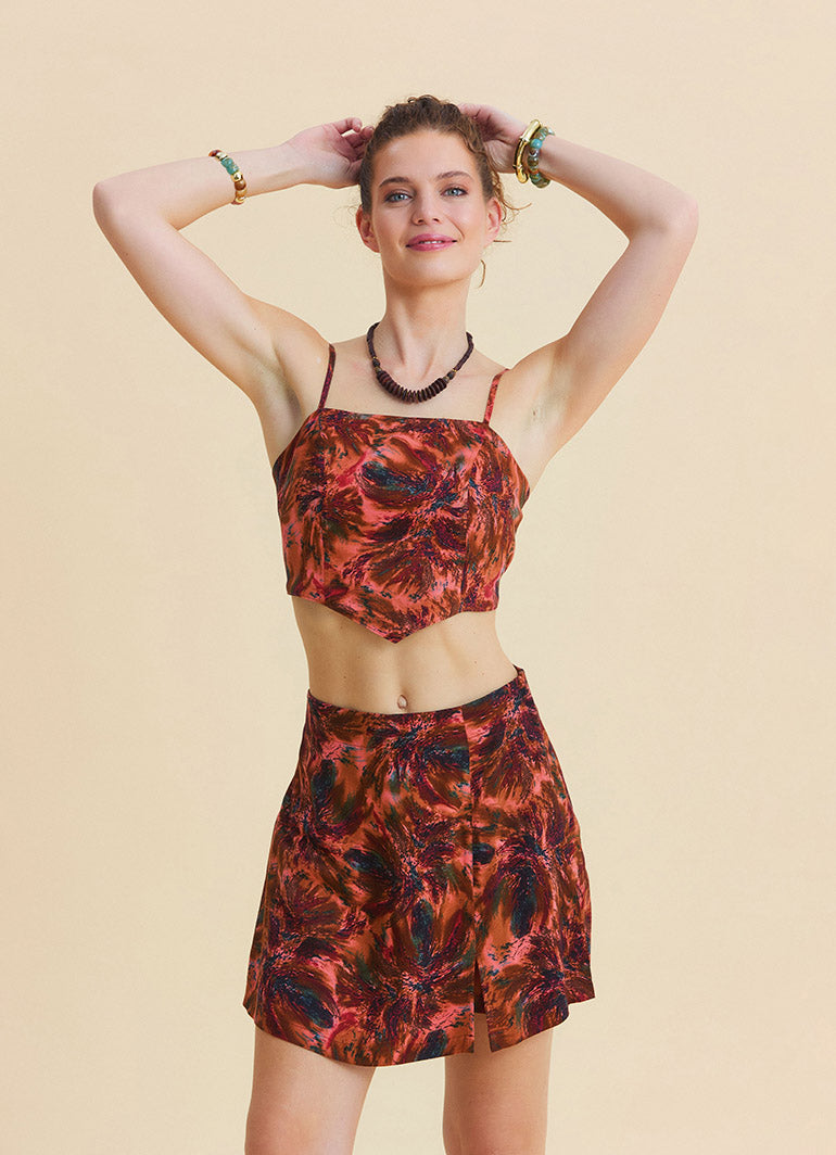 Cross Front Side Zip Coral Print Shorts Skirt 4942