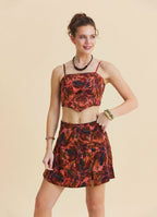 Cross Front Side Zip Coral Print Shorts Skirt 4942