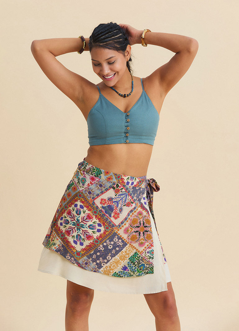 Double Layered Wrap Style Beige Floral Skirt 4970