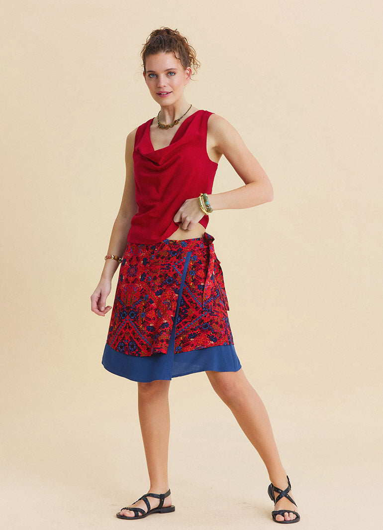 Red Summer Blouse with Open Collar, Cross Back, and Low Cut Back  4986