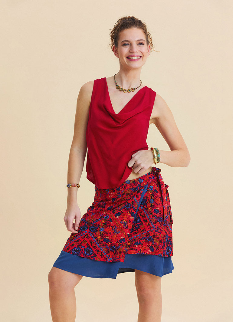 Red Summer Blouse with Open Collar, Cross Back, and Low Cut Back  4986