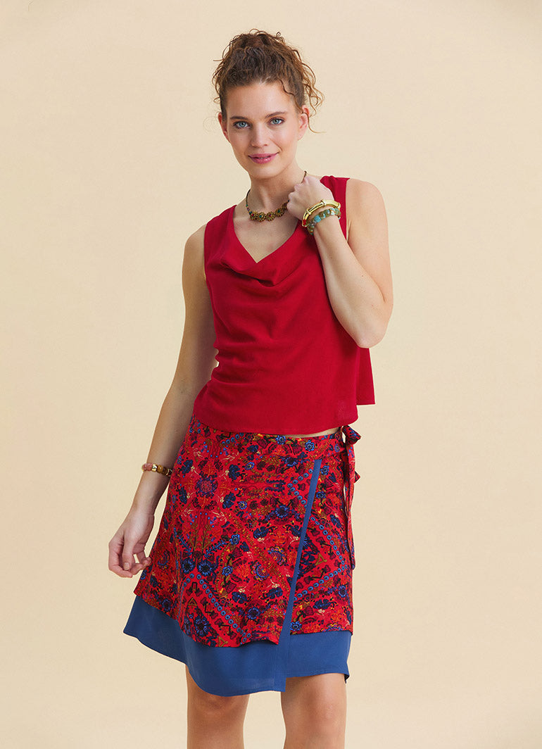 Red Summer Blouse with Open Collar, Cross Back, and Low Cut Back  4986