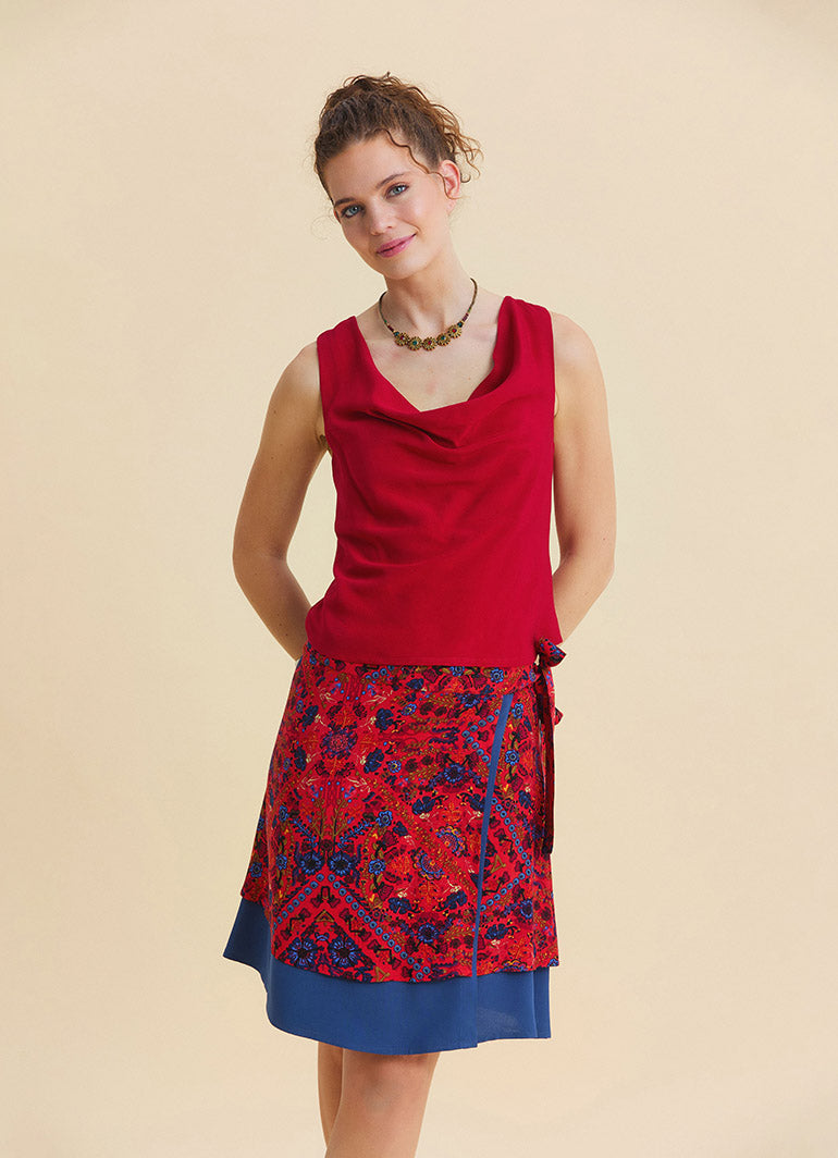 Red Summer Blouse with Open Collar, Cross Back, and Low Cut Back  4986