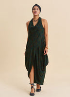 Asymmetrical Cut Green Authentic Dress with Open Collar 4803