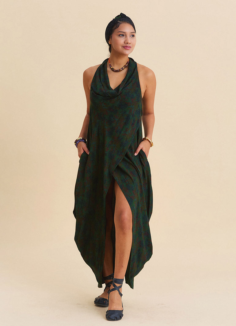 Asymmetrical Cut Green Authentic Dress with Open Collar 4803