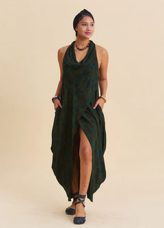 Asymmetrical Cut Green Authentic Dress with Open Collar 4803