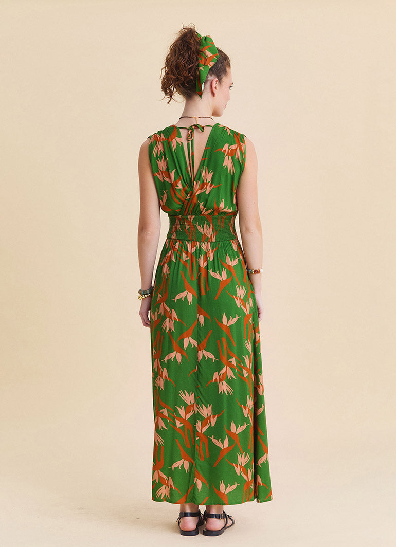 Green Ethnic Dress with Cross Over Neckline and Elasticated Waist 4808