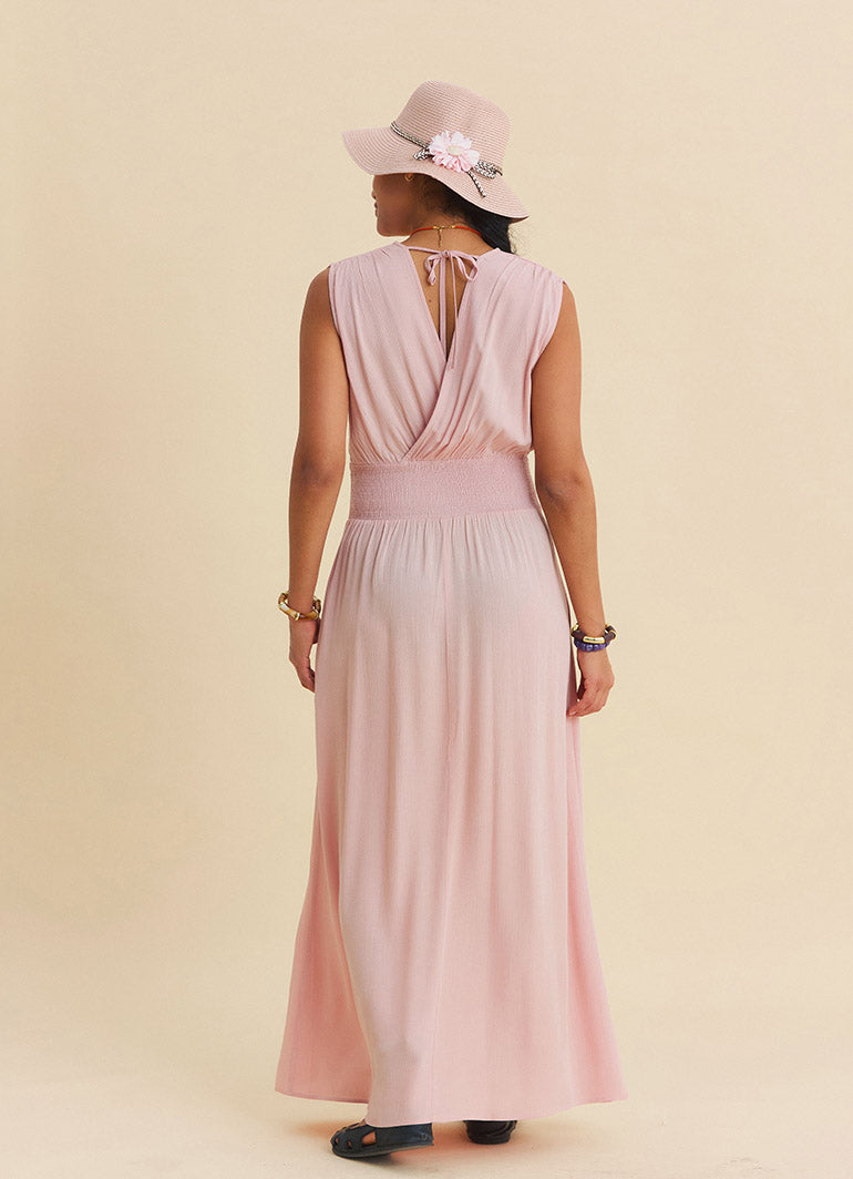 Pink Daily Dress with Cross Over Neckline and Elasticated Waist 4807