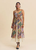 Beige Floral Dress with Thin Straps, Double Layer and Buttons 4909