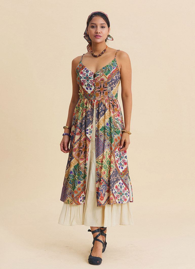 Beige Floral Dress with Thin Straps, Double Layer and Buttons 4909