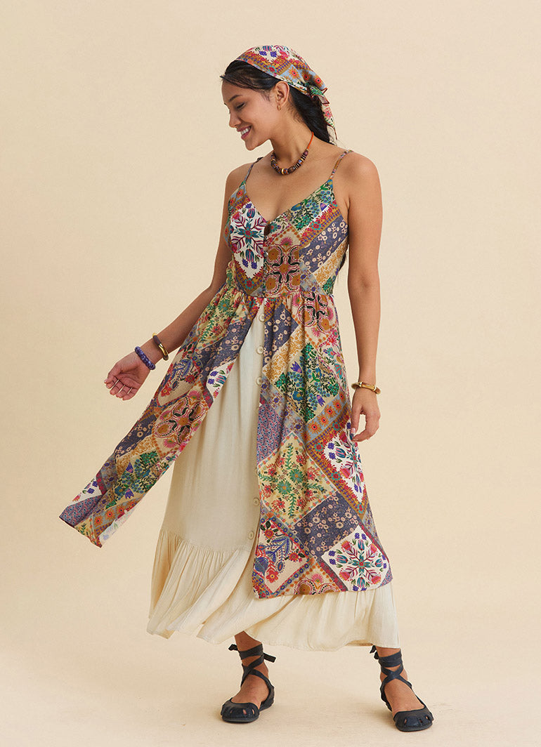 Beige Floral Dress with Thin Straps, Double Layer and Buttons 4909
