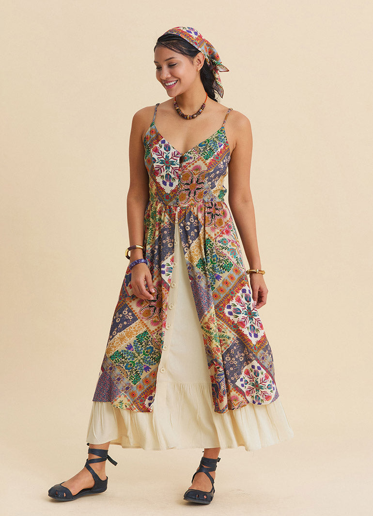 Beige Floral Dress with Thin Straps, Double Layer and Buttons 4909