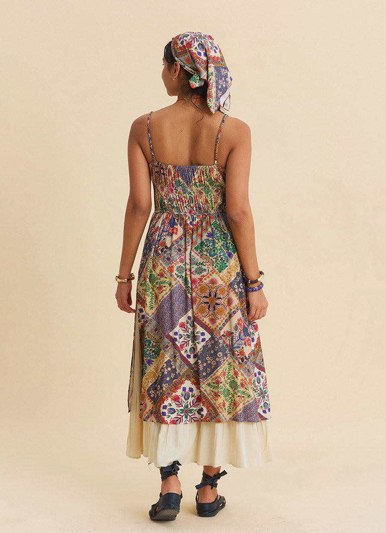 Beige Floral Dress with Thin Straps, Double Layer and Buttons 4909