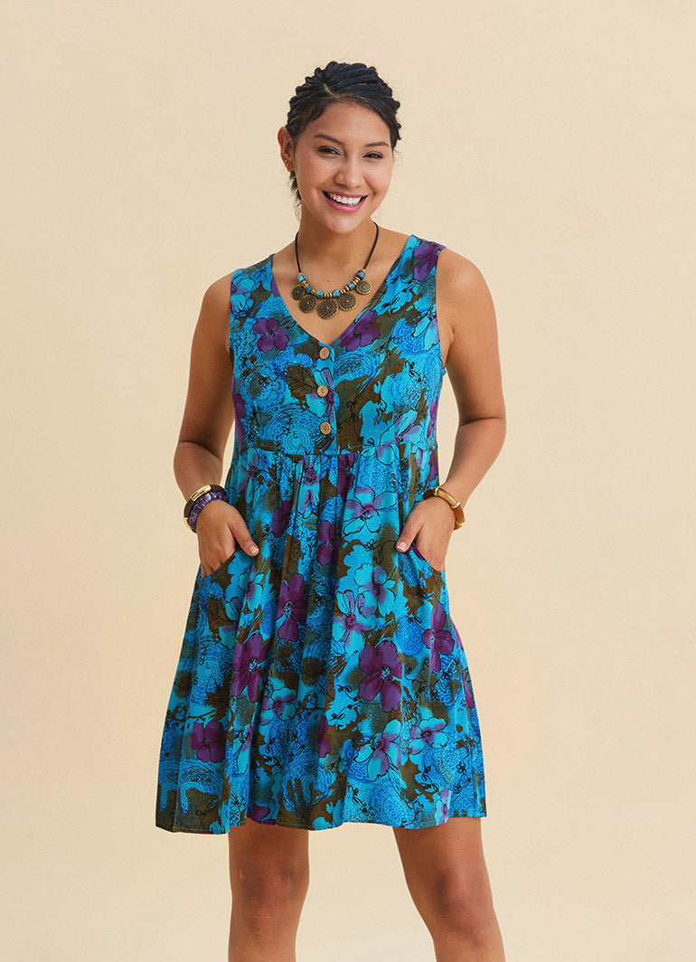 V Neck Button Detail Strapless Petrol Floral Dress 4806