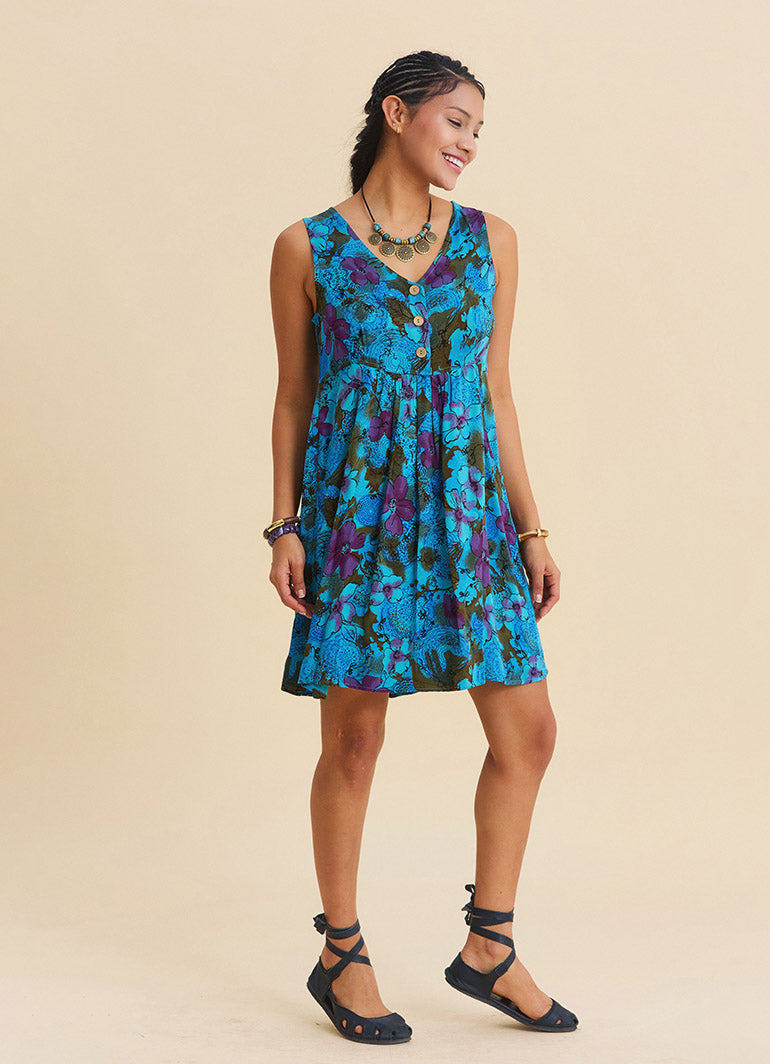 V Neck Button Detail Strapless Petrol Floral Dress 4806