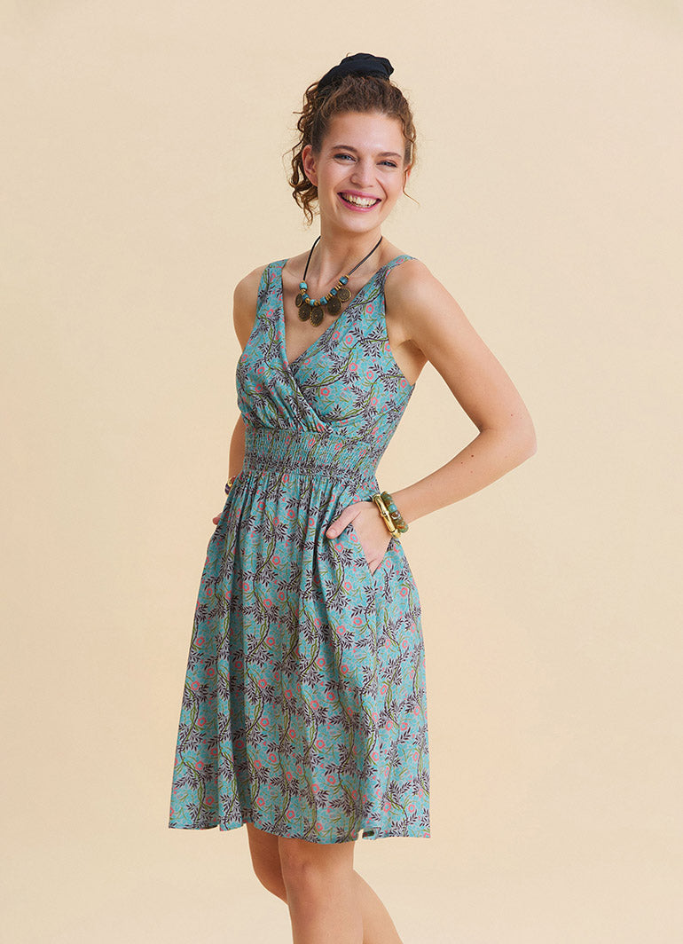 V Neck Strapless Elasticated Waist Mint A-Line Dress 4832