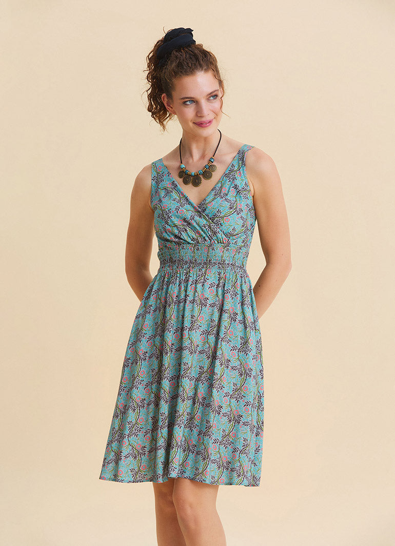 V Neck Strapless Elasticated Waist Mint A-Line Dress 4832