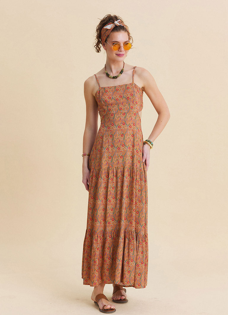 Thin Strapped Backless Mustard Ethnic Dress 4839