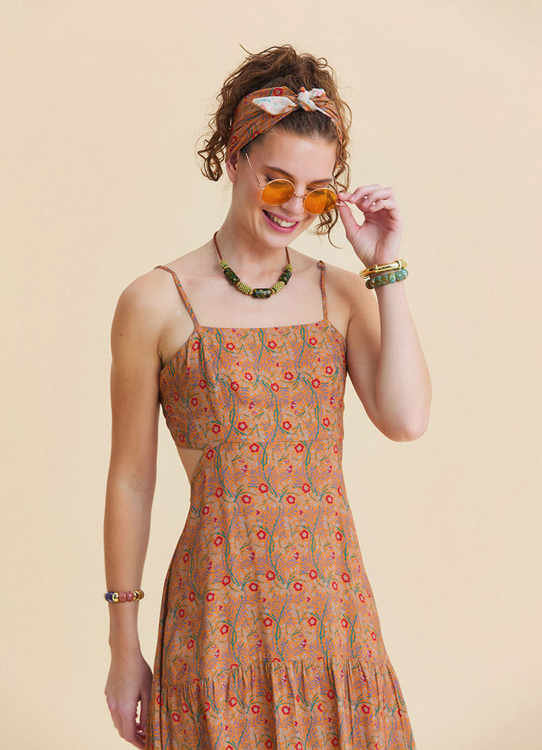 Thin Strapped Backless Mustard Ethnic Dress 4839