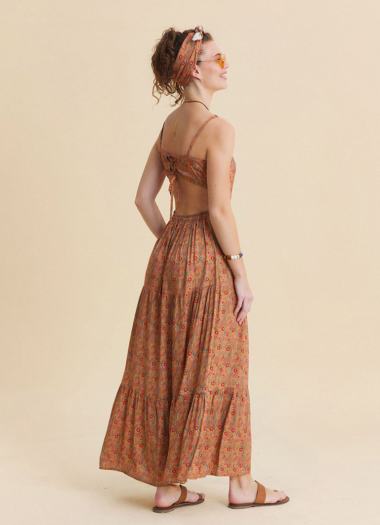 Thin Strapped Backless Mustard Ethnic Dress 4839
