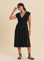 V Neck Backless Black Everyday Dress 4795