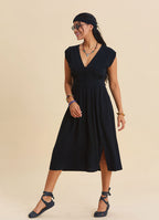 V Neck Backless Black Everyday Dress 4795