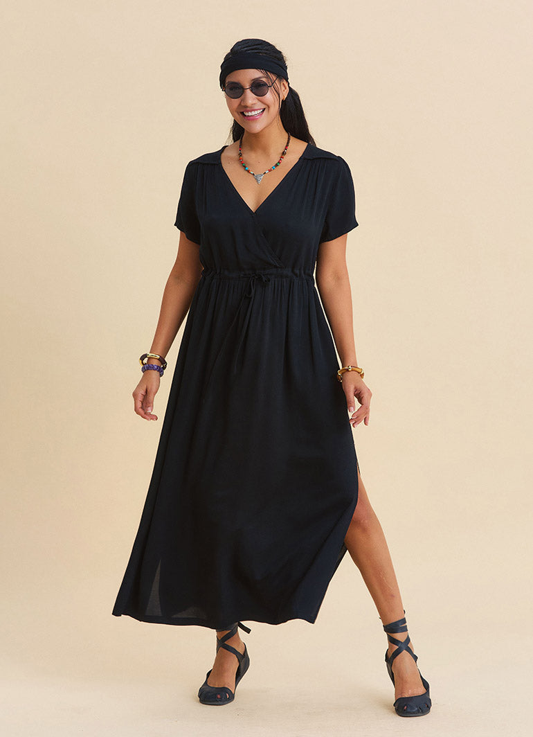 V Neck Slit Front Tie Front Black Summer Dress 4957