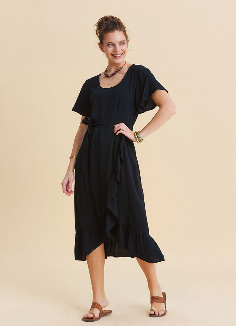 U Neck Double Breasted Ruffled Black Casual Dress 4951