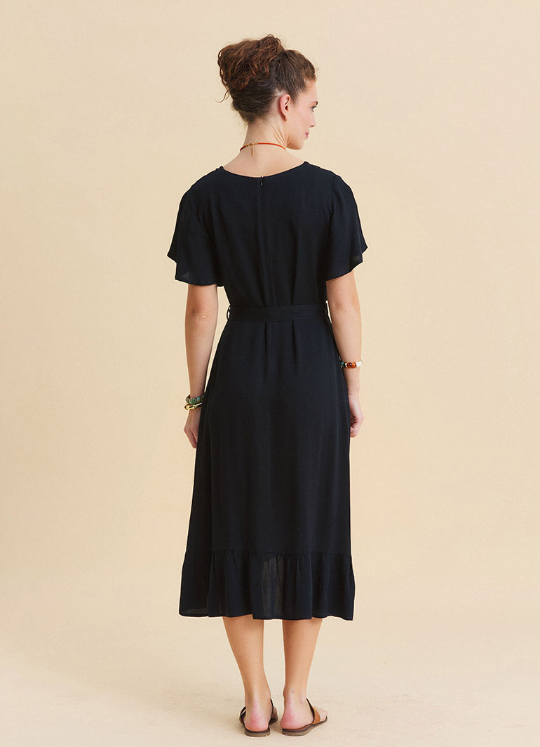 U Neck Double Breasted Ruffled Black Casual Dress 4951