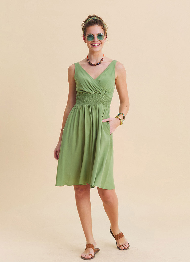 V Neck Strapless Elasticated Waist Green Robe Dress 4833