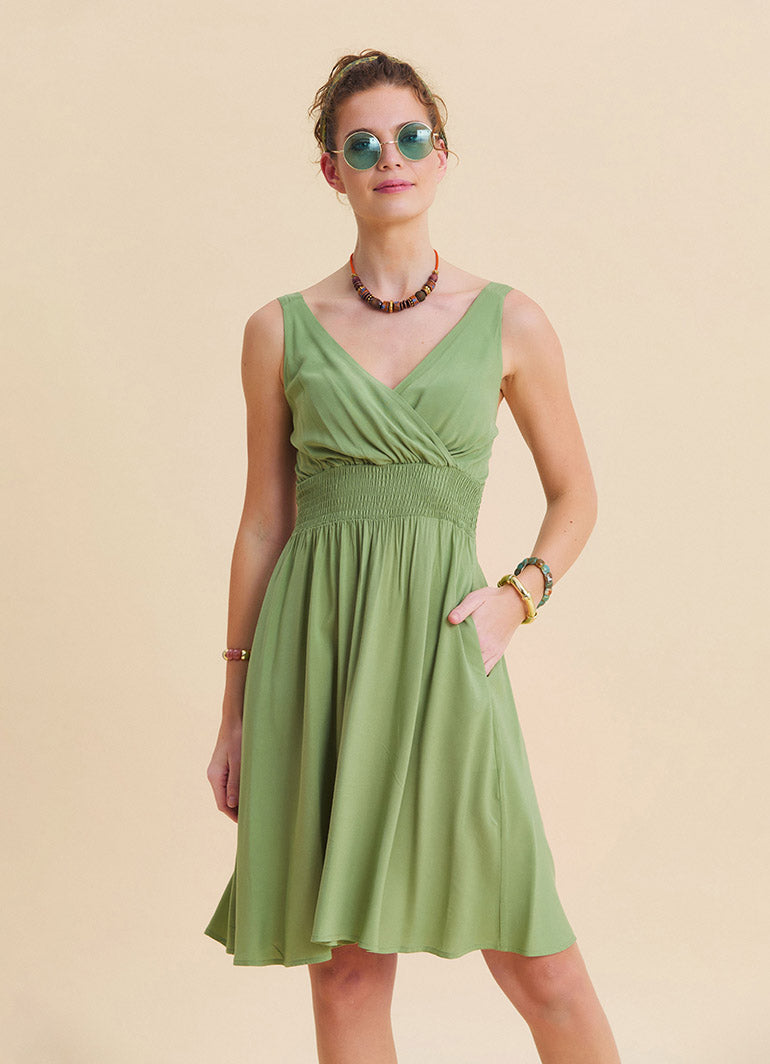 V Neck Strapless Elasticated Waist Green Robe Dress 4833