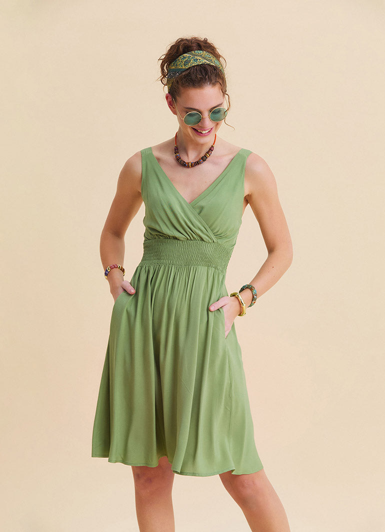 V Neck Strapless Elasticated Waist Green Robe Dress 4833