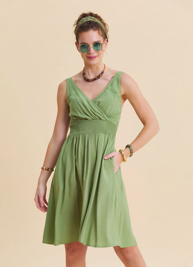 V Neck Strapless Elasticated Waist Green Robe Dress 4833