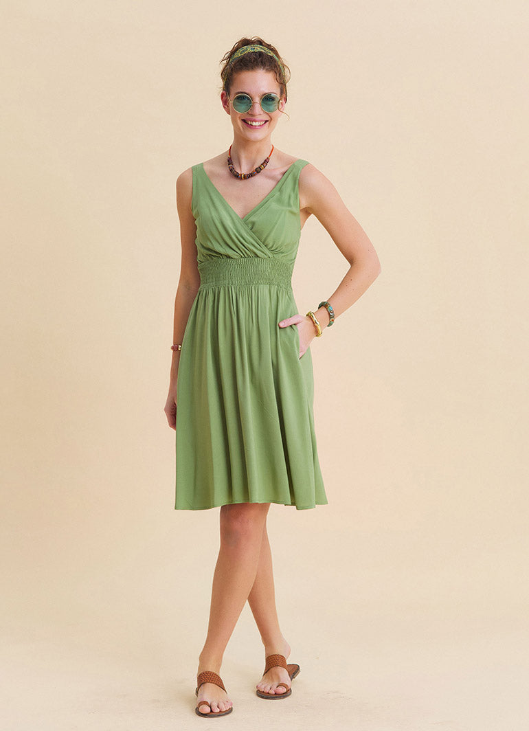 V Neck Strapless Elasticated Waist Green Robe Dress 4833