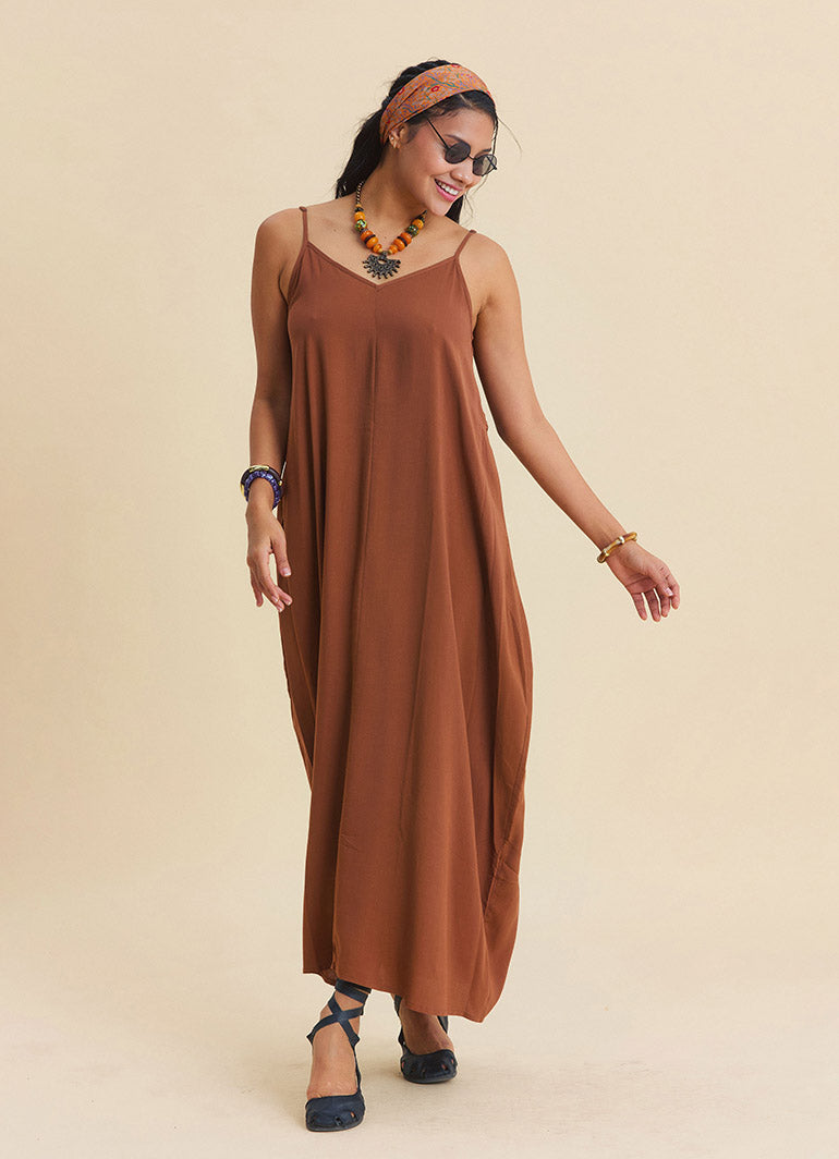 Wide Collar  Thin Straps  Coffee Coloured Everyday Dress 4814