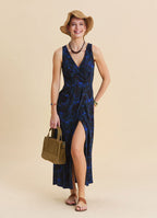 V Neck Slit Blue Floral Dress 4805