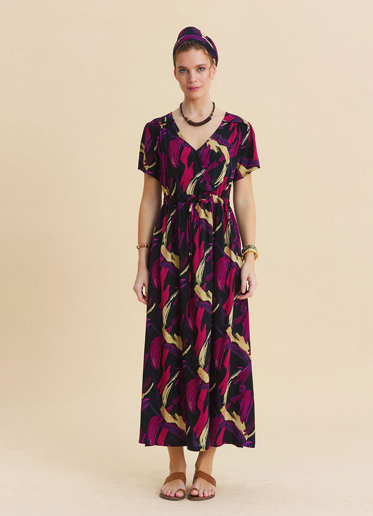 V Neck Slit Dress with Drawstring in Fuchsia  4958