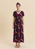 V Neck Slit Dress with Drawstring in Fuchsia  4958