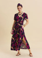 V Neck Slit Dress with Drawstring in Fuchsia  4958