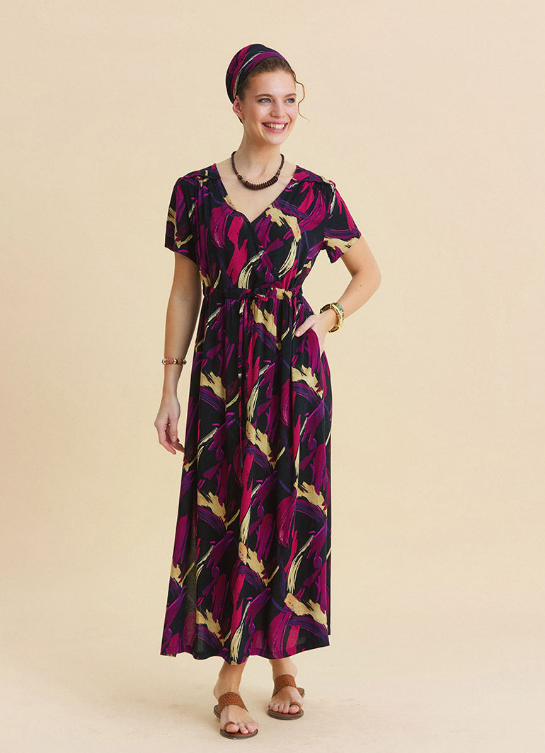 V Neck Slit Dress with Drawstring in Fuchsia  4958